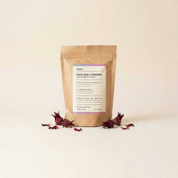 Entwässernder Kräutertee „Fais-Moi Fondre“ von Bothé – Hibiskus und ganze Früchte, cremefarbenes Produktfoto