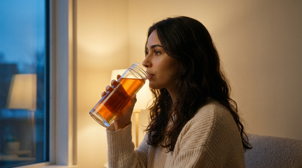 Femme buvant une infusion sans théine le soir près de la fenêtre — Bothé