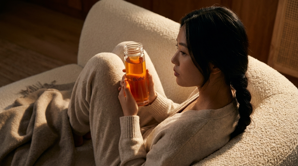 Eine Frau, die abends entspannt auf dem Sofa sitzt und einen Bothé-Rooibos-Tee trinkt – ein Ritual vor dem Schlafengehen
