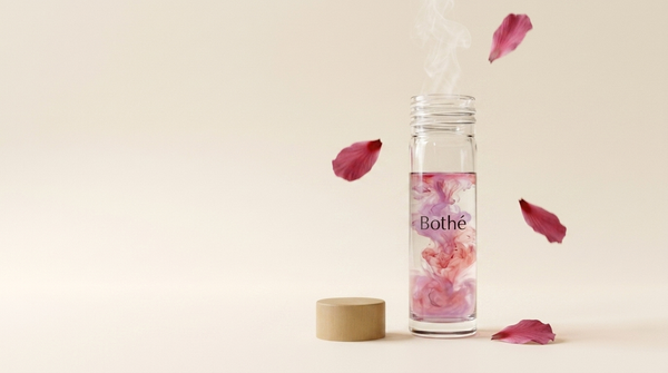 Hibiskusblütenblätter, die um die Bothé-Flasche mit dem rosa-lila Aufguss herum liegen