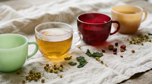 Quattro tazze di tisana di diversi colori su un tovagliolo di lino color crema, con fiori di camomilla e foglie di menta