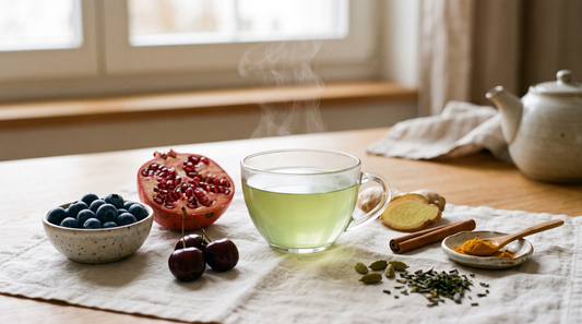 Tasse de thé vert fumante entourée de myrtilles, d'une grenade ouverte, de cerises, de gingembre, de cannelle, de curcuma et de cardamome sur un linge crème