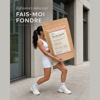 Tisana dimagrante FAIS-MOI FONDRE – donna in tenuta sportiva con una busta sovradimensionata