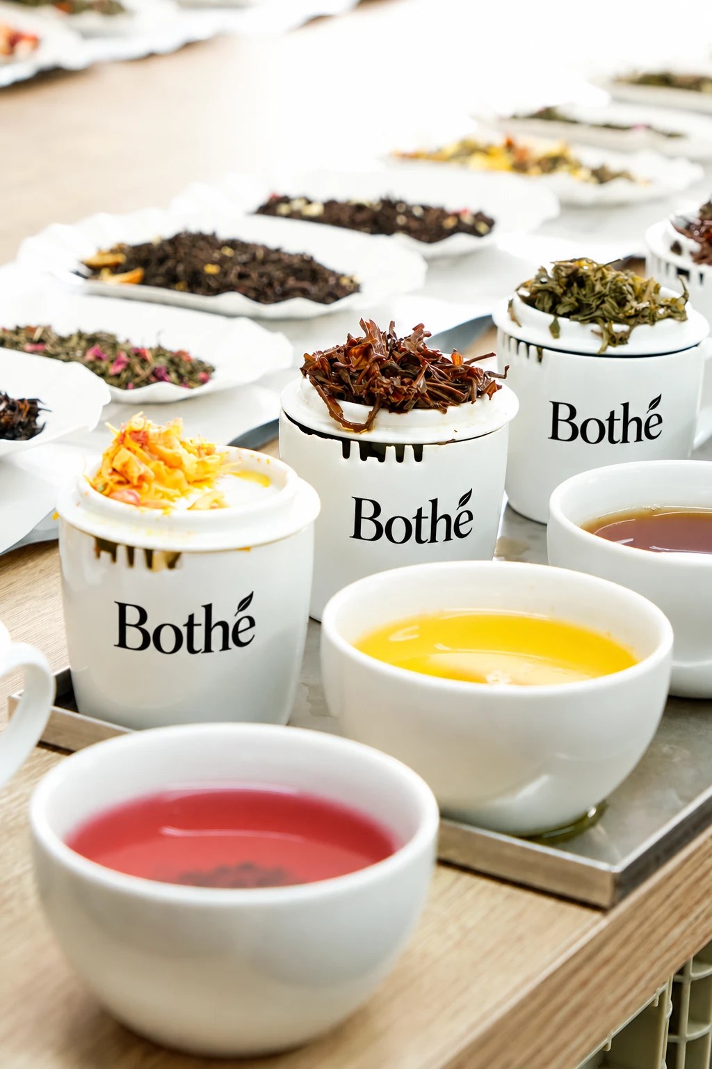 Tasses de dégustation Bothé avec feuilles infusées et infusions colorées