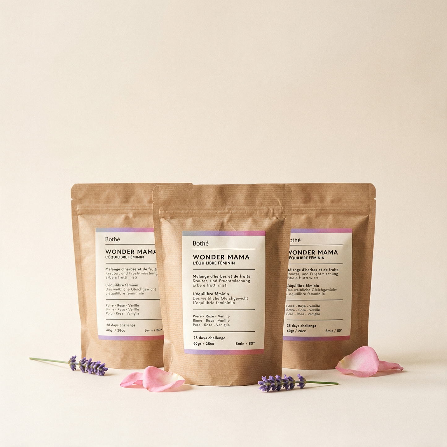 Trois sachets Bothé WONDER MAMA, cure de 3 mois, avec brins de lavande et pétales de rose