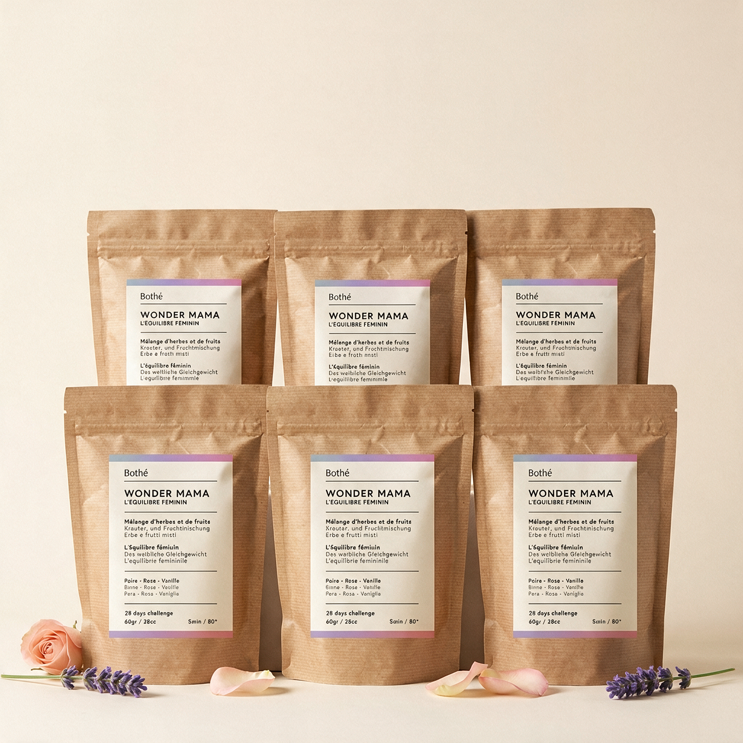 Six sachets Bothé WONDER MAMA, cure de 6 mois, avec brins de lavande et pétales de rose