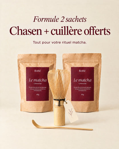 Matcha Bothé – formule 2 sachets avec chasen et cuillère offerts (lang:fr)